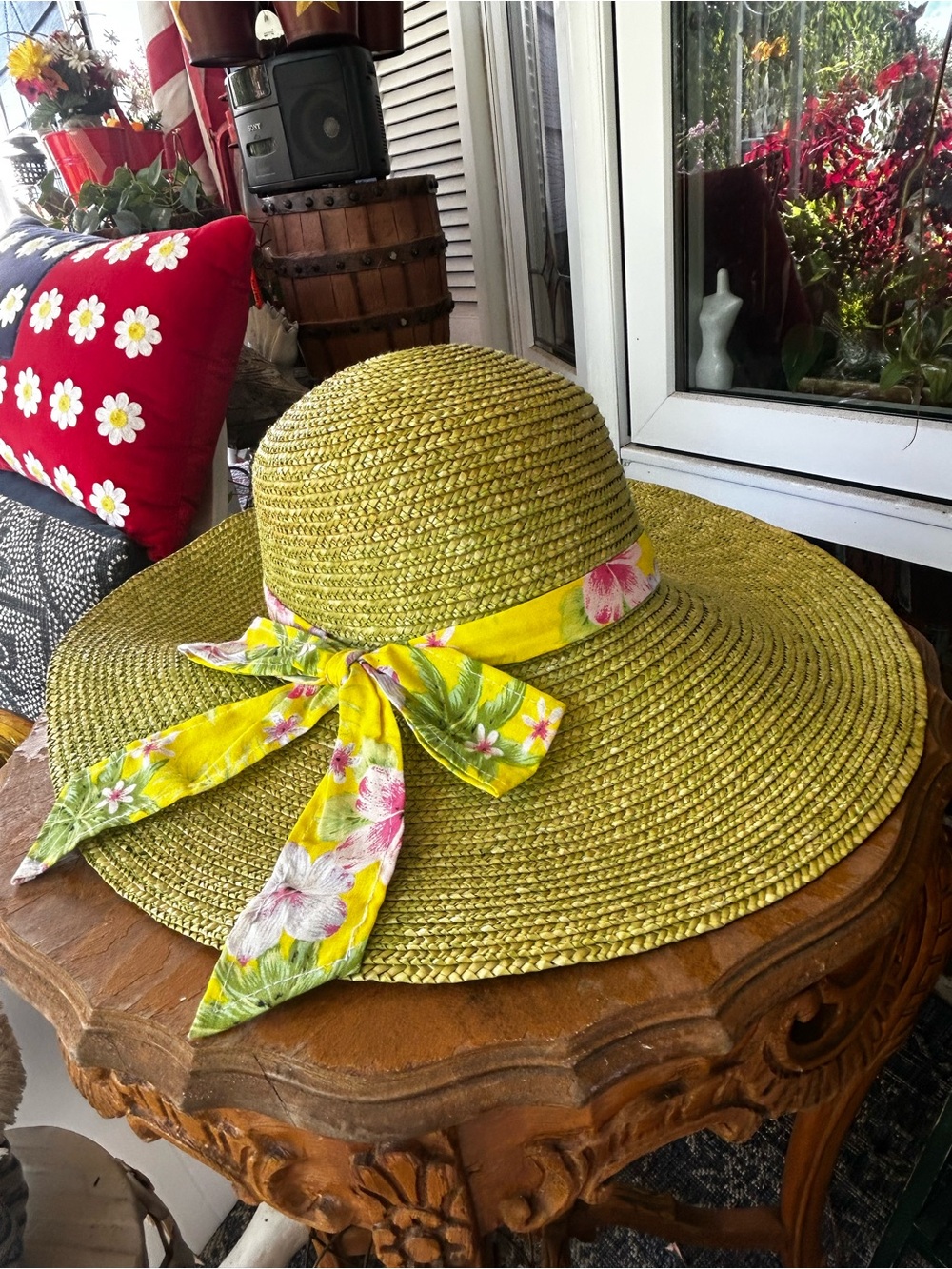 Sun Hat with Floral Tie - Yellow Green